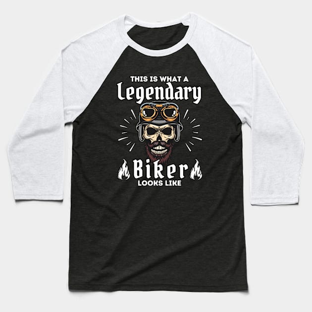 Skull Legendary Biker Motorcycle Mania Baseball T-Shirt by ProLakeDesigns